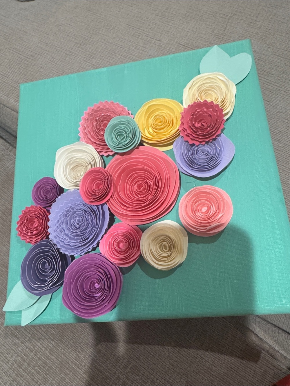 Handmade Paper Flower Canvas Art - Teal Background with Multicolor Blooms